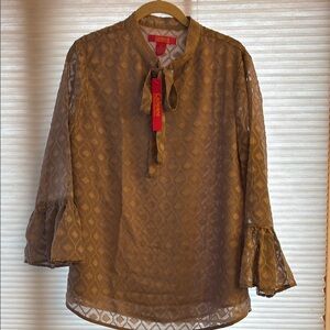 NWT Catherine Malandrino Brown Tan Blouse with Bell Sleeves and Tie Front lined